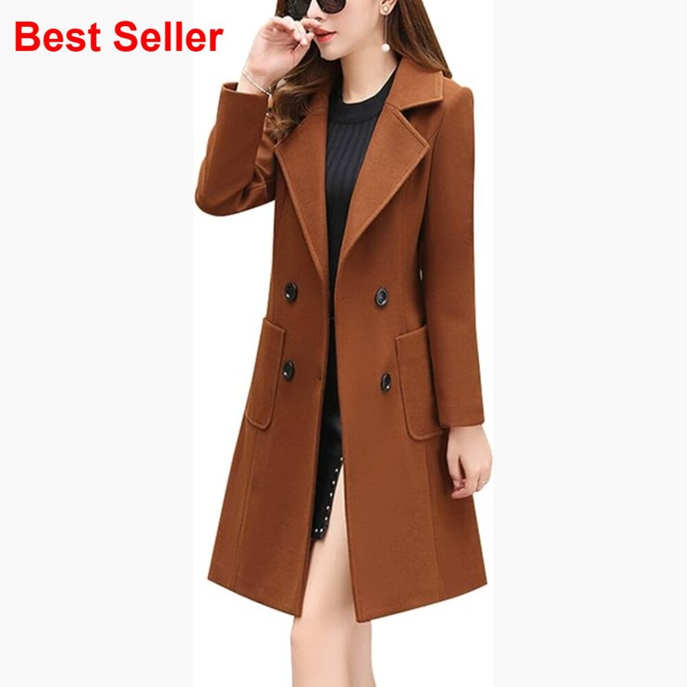 Wool Blend Double Breasted Overcoat Notch Collar Slim Fit